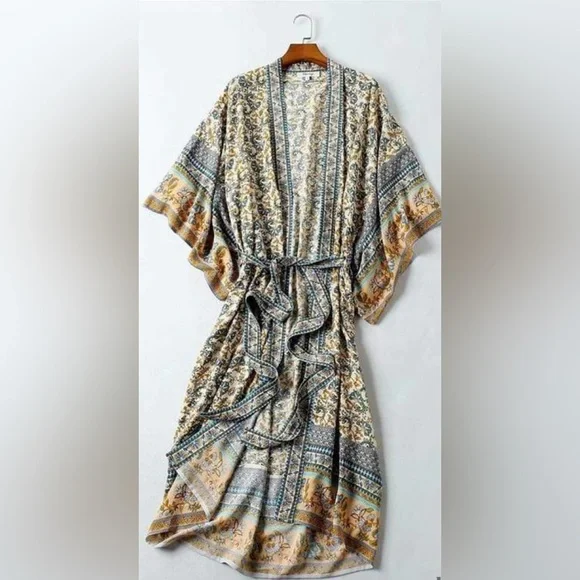 WORLD MARKET Floral Kimono with Blue and Tan Accents - Picture 7 of 17